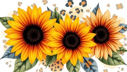 Naklejka premium Whimsical sunflower composition with a touch of animal print, an original digital illustration with bright floral elements