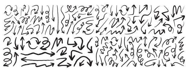 Doodle charcoal arrows set. Hand drawn line freehand curved lines, swirls drawing arrows. black chalk arrow smears.