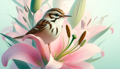 Delicate Bird and Lily Flower