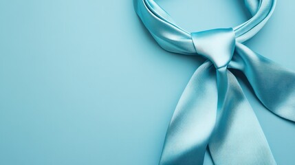 Elegant light blue silk scarf tied in a knot on smooth pastel blue background with soft natural lighting and subtle shadow, minimal fashion accessory display