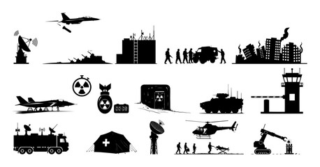 Naklejka premium military equipment buildings and operations fighter jets tanks helicopters soldiers radar and buildings