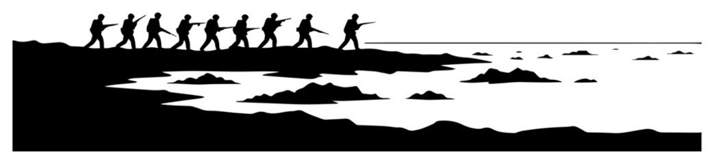 soldiers marching along coastline graphic silhouette with bold vector lines
