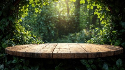 Wooden platform in a lush green forest with sunlight filtering through trees.