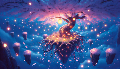 Surreal Floating Island with Glowing Tree