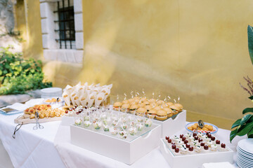 Buffet with cakes, small salads in glasses, mini burgers and buns