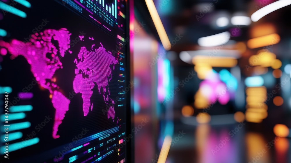 Poster neon-lit world map filled with real-time financial graphs and vibrant analytics, representing digita