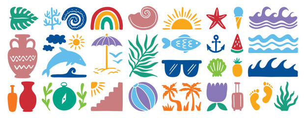 retro groovy boho geometric summer surf beach or palm tree set. beach elements hand drawn cartoon doodle signs