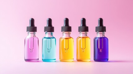 Pastel backdrop enhances the playful tones of five colorful glass dropper bottles.