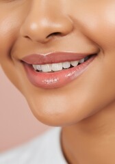 Fototapeta premium Close-up of smiling woman's glossy lips and white teeth on beige background