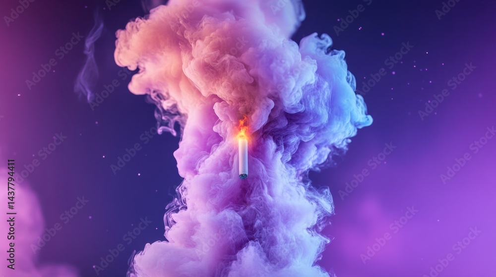 Poster purple smoke curls from a glowing cigarette, forming abstract shapes in the dark, creating a vibrant