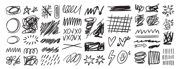 Scribble doodle hand drawn messy ink strokes set. Freehand lines and shapes. Hand drawn pencil curves and black marker swirl, pen sketch