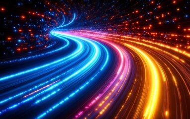 dynamic neon light trails in a futuristic digital tunnel