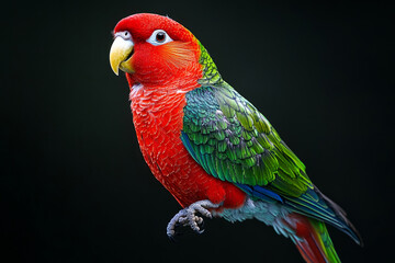 Obraz premium colorful parrot with vivid red, green, and blue feathers on dark background, symbolizing beauty, tropical life, and vibrant nature