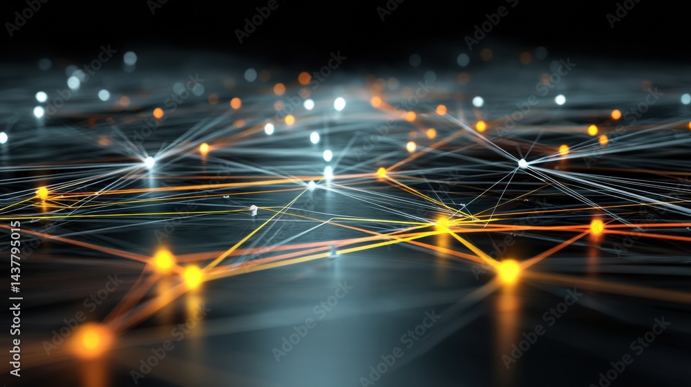Poster Network of Bots Illuminate Digital Terrain With Vibrant Connections and Glowing Nodes Across a Virtual Landscape