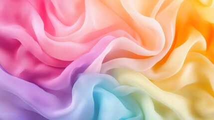 Fototapeta premium Vibrant pastel-colored fabric with flowing, soft, and smooth texture creating a dreamy abstract background in a wide array of light pink, purple, yellow, blue, and orange shades