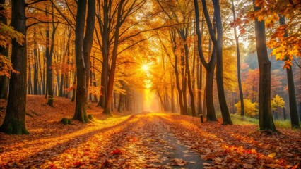 Fototapeta premium Golden Hour Pathway Through Autumnal Woods Sunbeams Illuminate a Scenic Forest Road Covered in Fallen Leaves