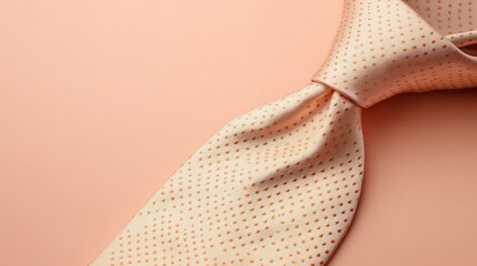 Close-up of a beige polka dot necktie made from smooth fabric with a subtle sheen, neatly knotted against a soft pink background for formal or business attire