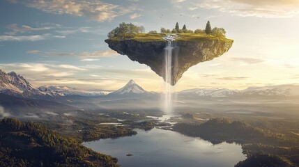 Floating Island Paradise A Serene Aerial Vista of a Lush Isolated Ecosystem with a Cascading Waterfall Overlooking a Picturesque Mountain Lake and Snowy Peaks