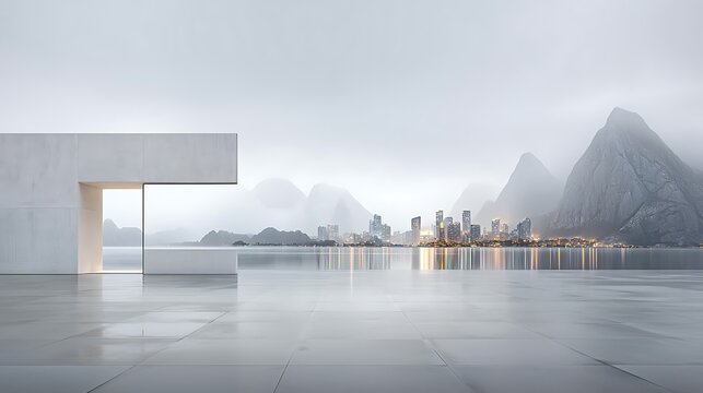Modern structure overlooks a foggy city & mountain scenery with reflective surface