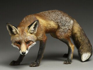 Obraz premium A fox in a crouched stalking position, tail lowered and eyes forward