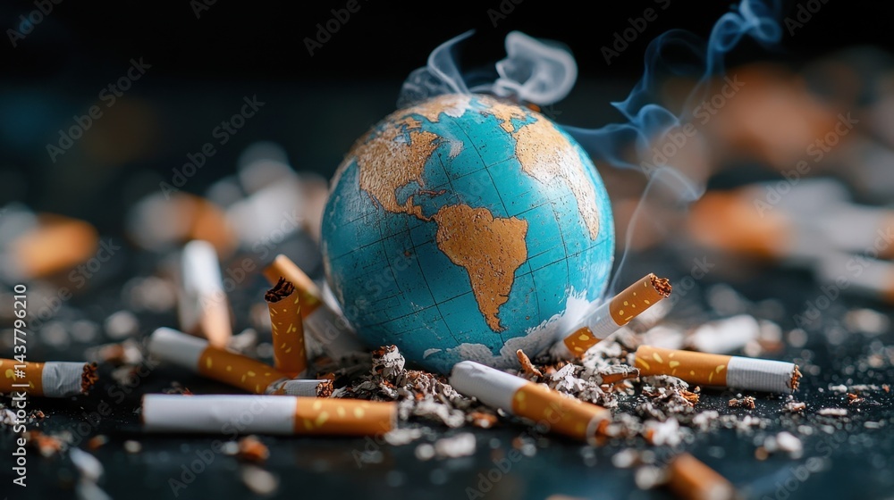 Poster stark message as a globe sits surrounded by discarded cigarette butts on a grimy surface