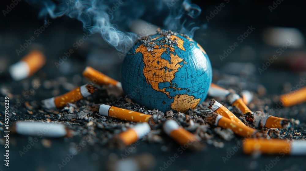 Poster stark message as a globe sits surrounded by discarded cigarette butts on a grimy surface