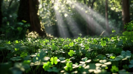 Fototapeta premium Sunlight filters through trees, casting a gentle glow on a carpet of fresh green clovers.