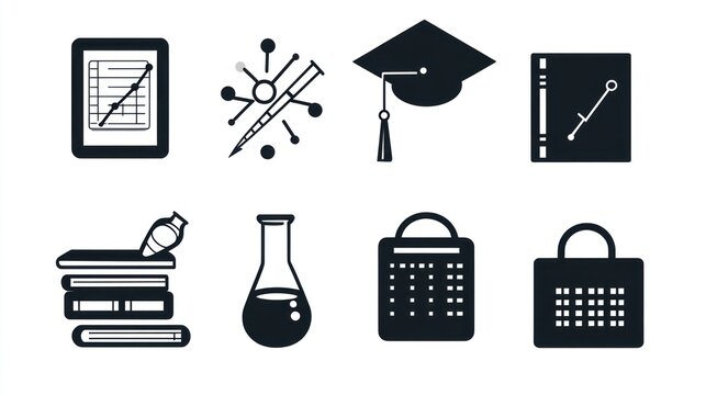 Educational icons of graduation, book, science, and calendar, for learning use