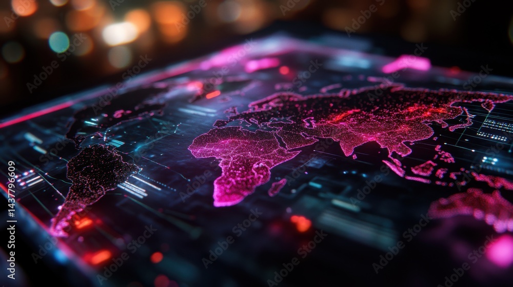 Poster tech-inspired map of the world, glowing with digital charts and graphs showing global economic conne