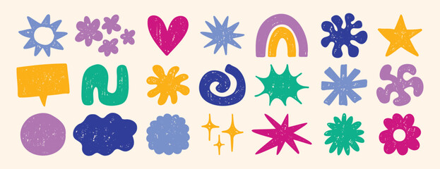 Funky cute shapes and figures crayon texture set. Brutal contemporary colorful retro star figures, flower, sun. Hand drawn primitive geometric elements.