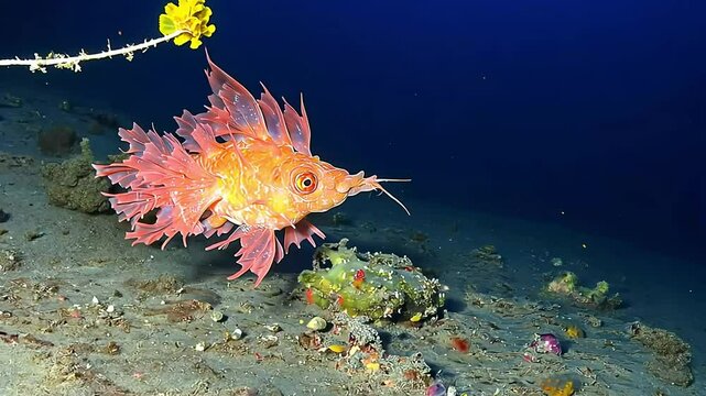 Red Sea Dragonfish swims near reef, deep ocean