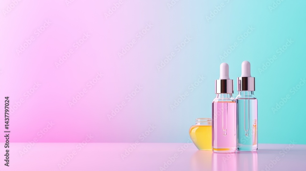 Poster transparent dropper bottles filled with colorful liquids rest on a smooth pastel backdrop.