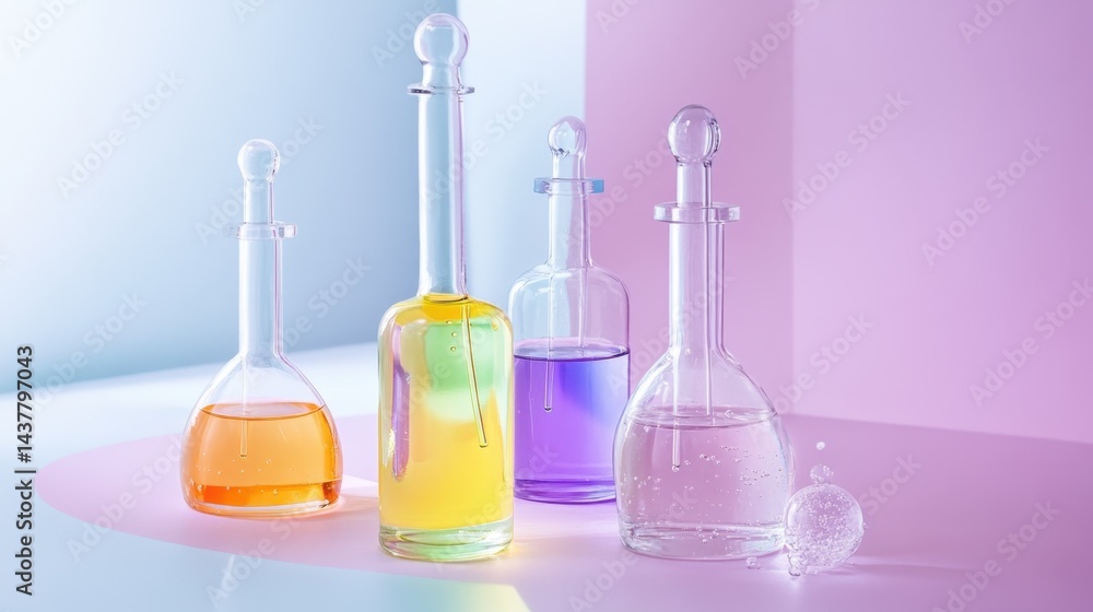 Poster transparent dropper bottles filled with colorful liquids rest on a smooth pastel backdrop.