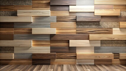 Fototapeta premium A Stunning Abstract Composition Featuring a Wall of Varied Wood Paneling with a Rich, Textured Floor