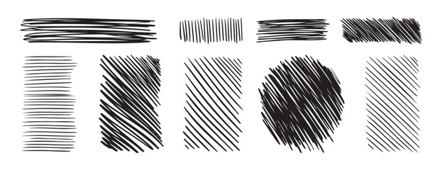 Doodle hand drawn hatching texture lines set. hatched strikethrough rectangle shapes. Diagonal, vertical, or parallel strokes. 