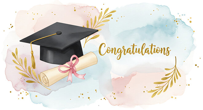 Graduation cap and rolled diploma illustration with watercolor splashes and gold accents, perfect for announcements, cards, and social media - Powered by Adobe