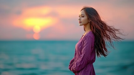 Obraz premium Serene Woman with Long Hair at Sunset Beach Purple Dress Ocean Breeze Peaceful Coastal Scene Golden Hour Light Calm Expression Side Profile Windblown Hair Tranquil Atmosphere