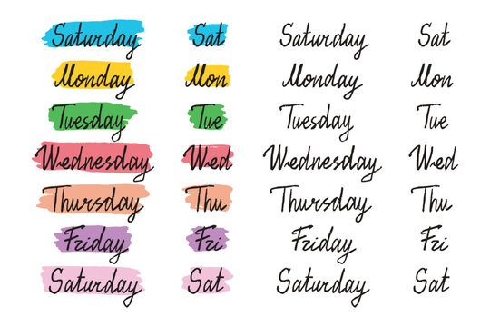 colorful doodle hand drawn lettering days of week. Sunday, Monday, Tuesday, Wednesday, Thursday, Friday and Saturday. Stickers for planner, journal. handwritten days week clipart.