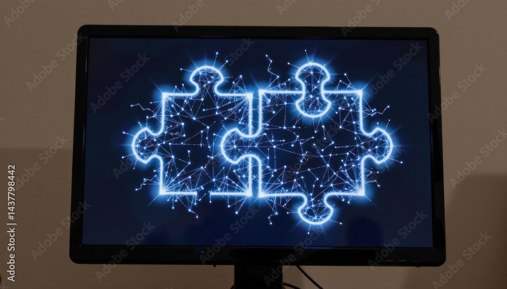 Poster puzzle pieces illuminated on a computer screen.