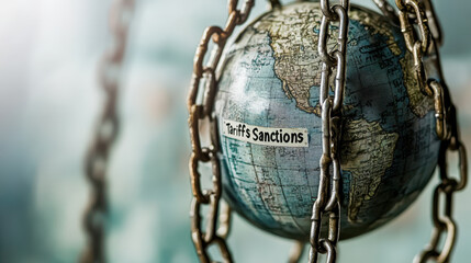 Globe wrapped in heavy metal chains with tariffs and sanctions label, symbolizing economic pressure, trade restriction, and global constraints through powerful visual metaphor.