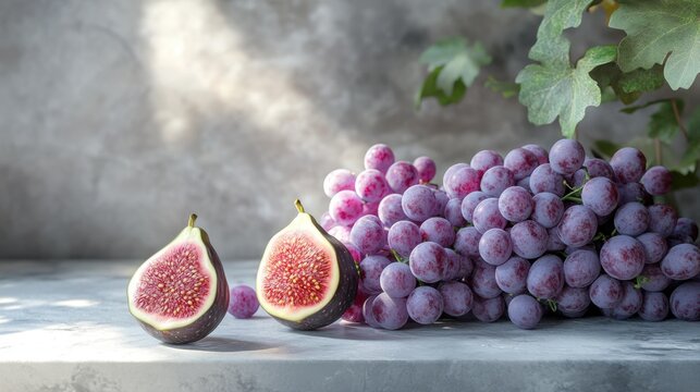 Fresh figs and purple grapes on a gray stone surface with soft lighting creating a natural and appetizing atmosphere