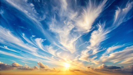 A breathtaking panoramic view of a vibrant sunset, showcasing a mesmerizing display of cirrus clouds streaking across a brilliant blue sky, creating a captivating celestial scene.