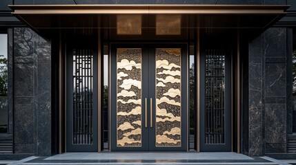 Opulent doorway with ornate golden clouds, luxurious home exterior, for architecture
