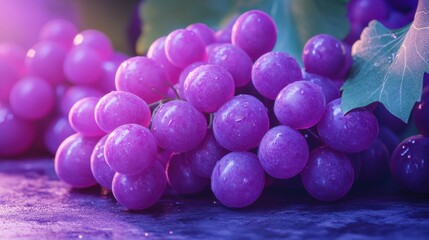 Fresh Purple Grapes with Water Droplets on a Wooden Surface in Soft Light
