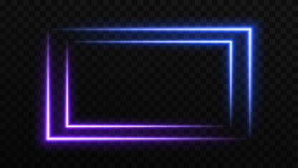 Neon rectangle colored frame. Neon lights horizontal sign. Geometric glow shape with copy space.