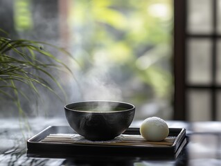 Steaming bowl of matcha tea with a sweet mochi dessert in a serene setting