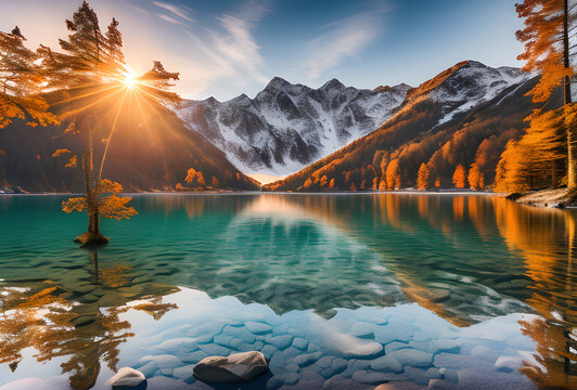 bright mountains against the backdrop of the river Serene landscape painting of a river winding through a lush green valley, nestled Mountainous lake scenery with vivid green meadows, tranquil blue la - Powered by Adobe