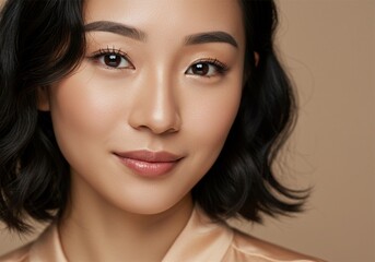 Obraz premium The face of a beautiful Asian woman is smiling sweetly with simple make-up radiating her beauty.