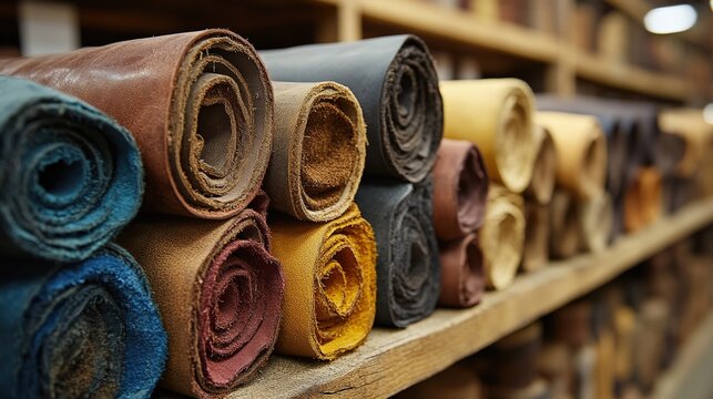 Colorful assortment of rolled leather fabrics in a craft workshop setting perfect for artisans and designers