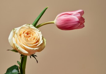 Fototapeta premium Elegant rose and tulip arrangement on beige background